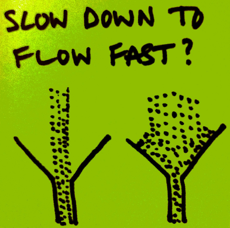 A drawing shows the varying flow of material through two funnels. One funnel is nearly overflowing as material pours into it, while the other has a more moderate stream of materials coming in that flow straight through without backing up. The caption above the diagram says Slow down to flow fast?