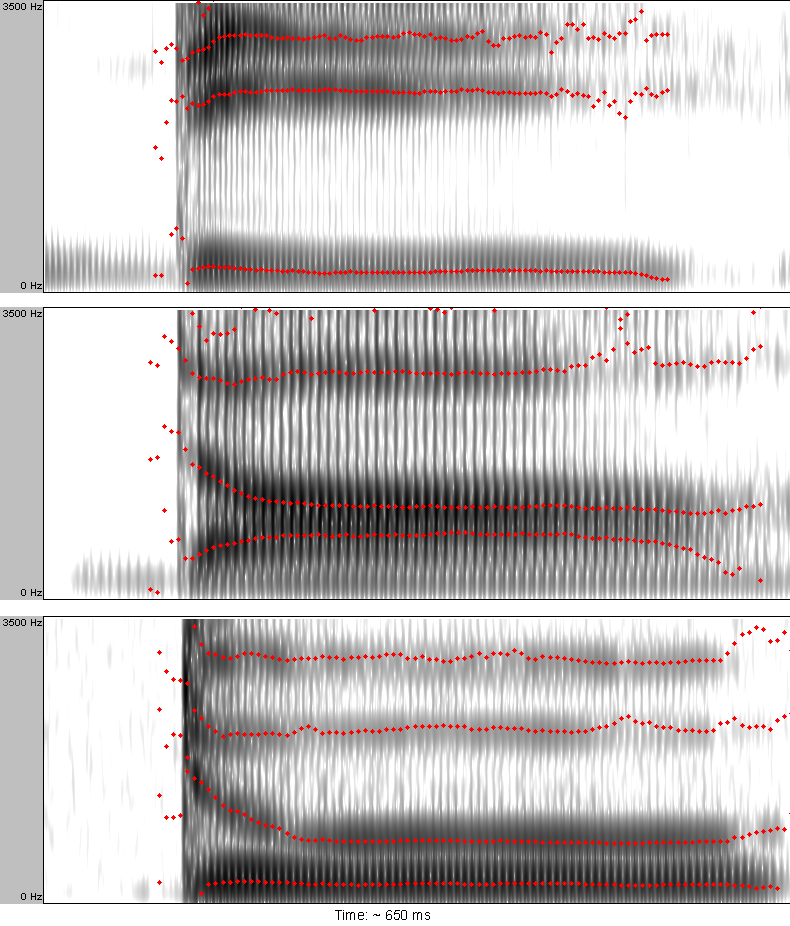 Spectrograms of syllables dee (top), dah (middle), and doo (bottom)